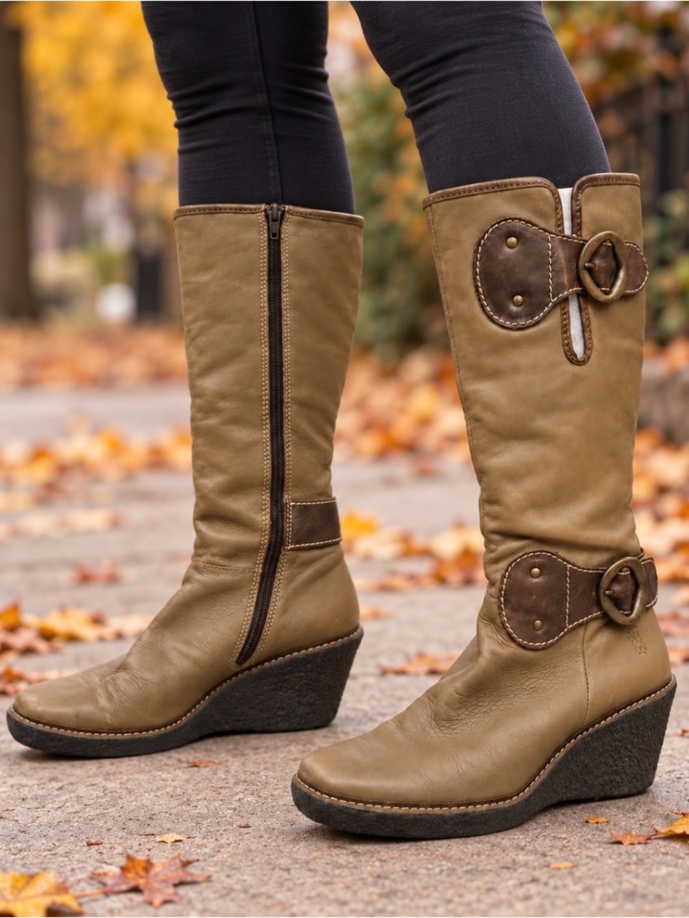 FLY London Taupe Leather Tall Wedge Boots Double Buckle & Zip